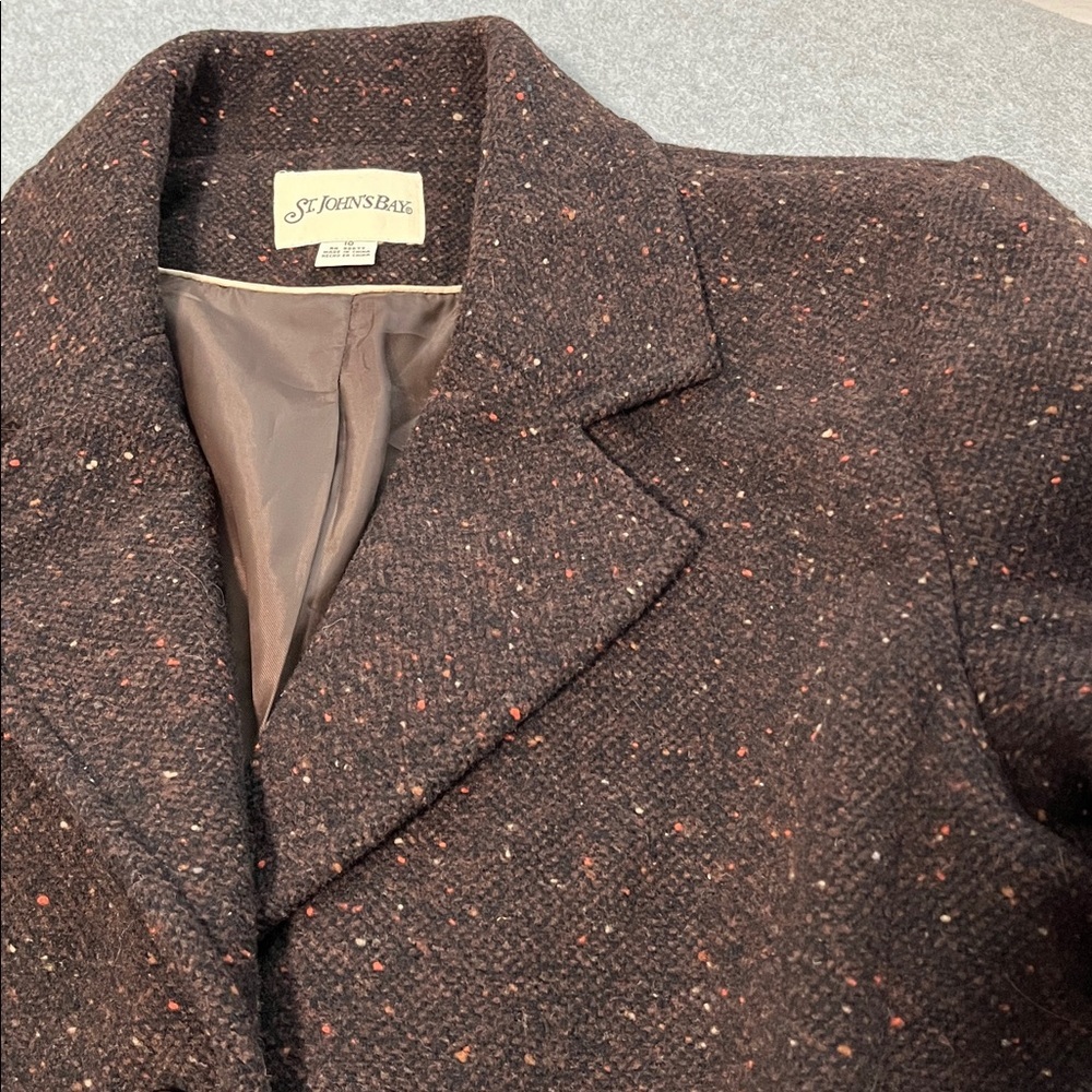 Womens Tweed Wool Blazer Jacket Medium Brown Office Career Old Money Preppy - Picture 9 of 11